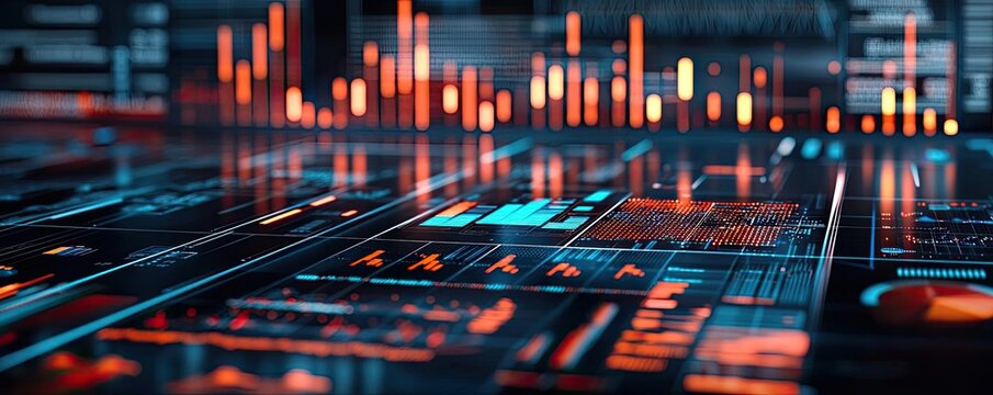 Financial data idea. Futuristic digital interface with glowing graphs and data visualizations.