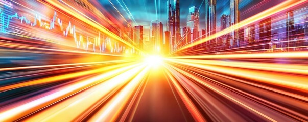 Fototapeta premium Financial data idea. Dynamic city skyline with vibrant light trails and a glowing sunset.
