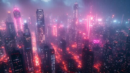 Obraz premium Neon Cityscape Rain Illuminated Towers Night