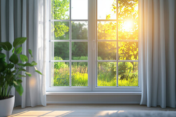 Fototapeta premium Sunlit window overlooking green landscape
