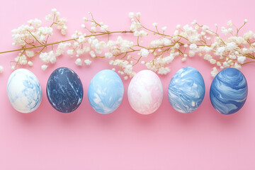 Stylish Easter Eggs with Spring Flowers Border on Pink Paper Flat Lay for Modern Greeting Cards and Holiday Decor