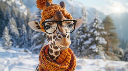 Obraz premium A humorous giraffe with glasses, a cozy scarf, and a knitted hat, standing against a snowy and scenic winter outdoor setting