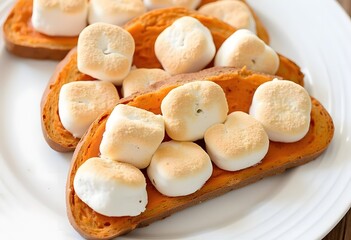 Close up of a fancy toast topping with marshmallow
