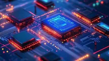 Obraz premium Close-up 3D Render: Glowing Microchip Beautifully Integrated onto Circuit Board. AI Generated