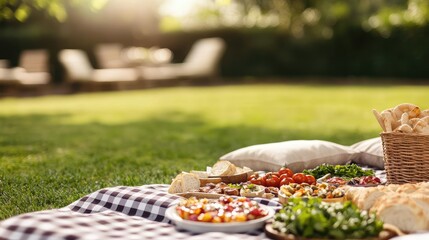 Backyard picnic concept. A vibrant picnic spread on a sunny day, featuring fresh food and a relaxing atmosphere.