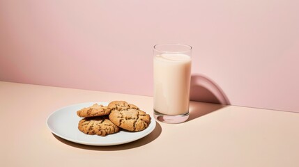 A minimalist composition of milk and cookies, featuring a clear glass of milk and a plate of cookies on a clean, neutral surface, emphasizing simplicity and indulgence