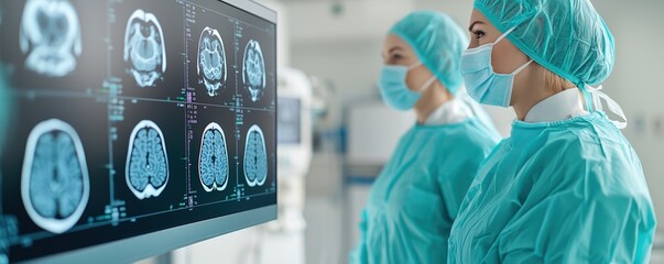 healthcare improvement strategy concept. Surgeons analyzing brain scans in a medical setting.