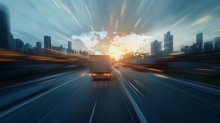 Dynamic Motion of Freight Truck Driving on Urban Road with Abstract World Map and Sunset Background Illustrating Global Trade and Transport Logistics