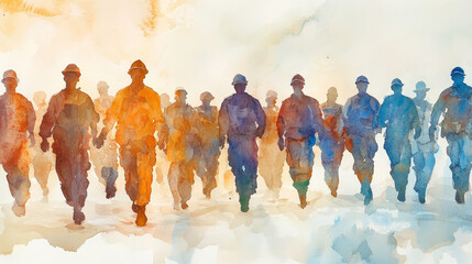 Naklejka premium Abstract watercolor depiction of group of workmen walking