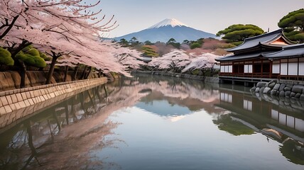 Fototapeta premium Serene Japanese landscape featuring Mount Fuji and cherry blossoms