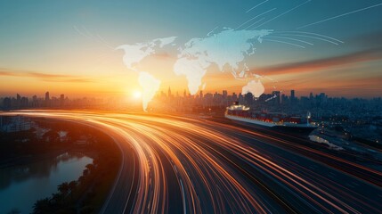 Obraz premium Vibrant Cityscape at Sunset with World Map Projection and Dynamic Light Trails Illustrating Urban Energy and Global Connectivity
