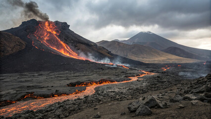 Naklejka premium A volcanic landscape with lava flows