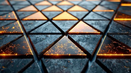 Artistic geometric design featuring glowing triangular patterns on a textured surface highlighting light and shadow at twilight
