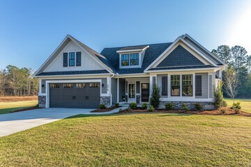 Front view of a gray and white Craftsman-style home with black shingle roof, large front yard, and two-car garage.