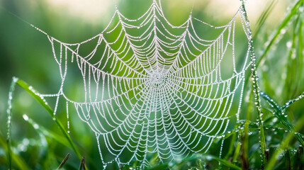 Morning spider web with dew drops in nature showing a wet cobweb pattern with water drops