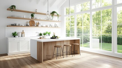 Modern Bright Kitchen with Wooden Shelves, Stylish Bar Stools, Fresh Green Plants, and Large Windows Overlooking a Beautiful Outdoor Space