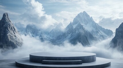 Podium encircled by clouds with sharp, dramatic mountain peaks rising behind 