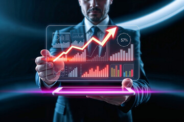 Businessman holding tablet with data visualization and digital growth chart , Business concept , Generative AI