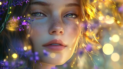 Fantasy woman face with flowers and summer theme, beautiful face woman, fashion and beauty