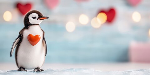 Fototapeta premium Penguin with a heart on its chest against. Cute animal in Valentine's Day.
