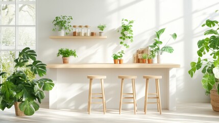 Bright and Inviting Indoor Garden Space with Minimalist Wooden Bar and Abundant Green Houseplants in Sunlit Room