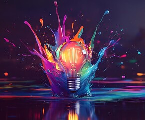 Shattered color on screen through a lightbulb on black background, graphical design illustration wallpaper, ideas and thoughts concept