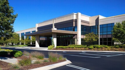 Modern Office Building Exterior View with Clear Blue Sky