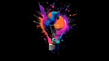 Shattered color on screen through a lightbulb on black background, graphical design illustration wallpaper, ideas and thoughts concept