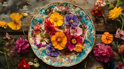 Fototapeta premium Vibrant Floral Still Life Photo: Delicate Blooms Gracefully Arranged on Antique Plate. AI Generated