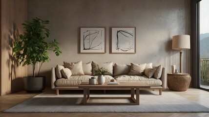 Obraz premium 3D-rendered living room interior with an empty vertical A3 frame on the wall, surrounded by a neutral-toned sofa, a coffee table, and decorative accents,Generative Ai 