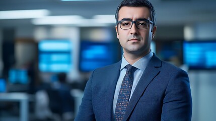 Fototapeta premium Confident Businessman Poses Thoughtfully in Modern Office Photo. AI Generated