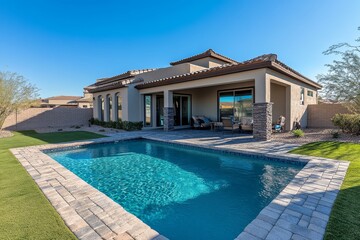 Modern Arizona home with pool and grassy area, minimalist landscaping, contemporary landscape design, captured with 24mm lens, HD photography, high detail.