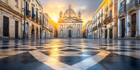 Fototapeta premium Sunrise Illuminates Baroque Church in City Square, Ancient Architecture Reflects Golden Light on Geometric Pavement, Majestic Stone Buildings Line the Pathway