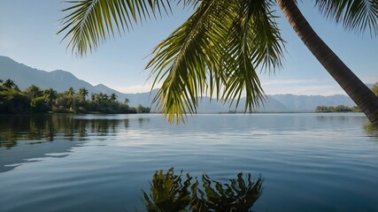 Serenity by the Water: Areca Palm Framing a Calm Lake and Majestic Mountains