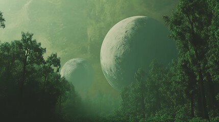 Fototapeta premium Ethereal Moons Mysteriously Rise Above Lush Green Forest: Digital Painting in a Dreamlike Style. AI Generated