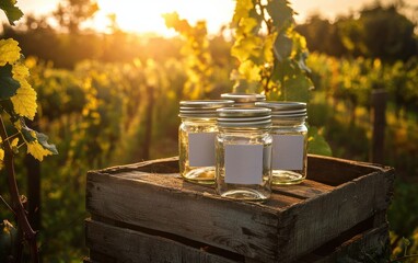 Four glass jars with blank labels sit on a wooden crate in a vineyard at sunset