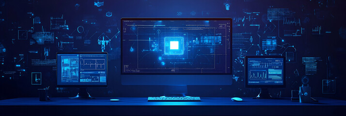 Digital Data Processing System,  Analyzing complex information streams and visualizing results efficiently in a dark blue environment.
