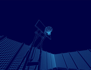 Blue basketball court with a basketball hoop in the center. The hoop is empty