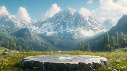 Podium set in an alpine meadow with a snow-capped mountain backdrop