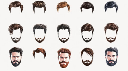 A set of mens hairstyles, beards and mustaches.Gentlmen haircuts and shaves.  Digital hand drawn  illustration.