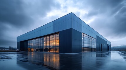 Fototapeta premium Outdoor view of a large factory or office building in rainy and cloudy weather with large windows and walls under cloudy sky