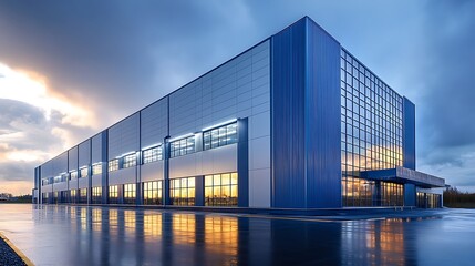 Outdoor view of a large factory or office building in rainy and cloudy weather with large windows and walls under cloudy sky