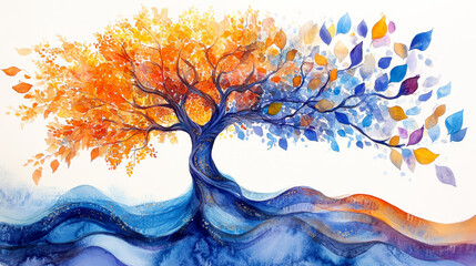 Obraz premium vibrant tree with colorful leaves and flowing water