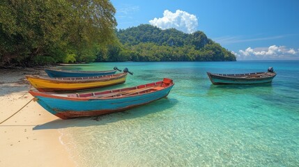 Colorful boats on a tranquil tropical beach with clear turquoise water and lush green hills.