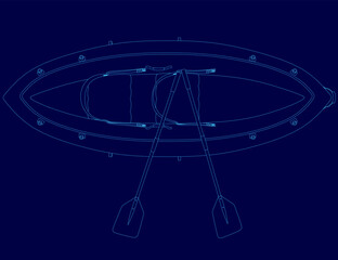 Blue drawing of a inflatable boat with a paddle. The paddle is on the right side of the inflatable boat