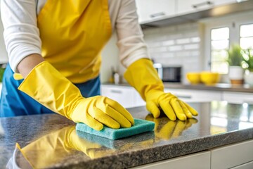 A woman is cleaning a kitchen counter with a sponge