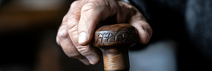 Hand Gripping Carved Wooden Cane:  Age, Wisdom, and Support,  Elegantly Crafted