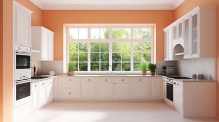 Elegant White Kitchen With Large Window And Peach Walls