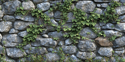 Stone Wall Texture, Rustic Gray Rocks with Lush Ivy