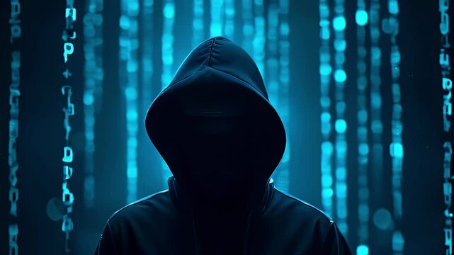 A mysterious figure in a hooded cloak against a backdrop of glowing blue digital elements.